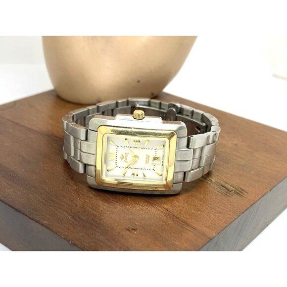 Nicolet Women's Watch Swiss Quartz White Dial Date 18kt Yellow Gold Bezel Tank - Picture 7 of 13